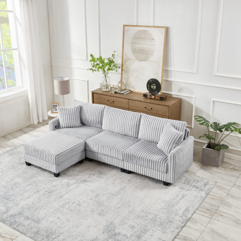 100-inch corduroy fabric sofa with L-shaped modular 3-seat convertible sofa, built-in dual charging ports at the arms, and armrests can be freely placed anywhere - Image 6