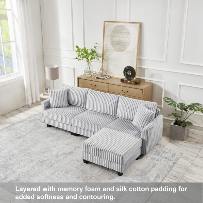 100-inch corduroy fabric sofa with L-shaped modular 3-seat convertible sofa, built-in dual charging ports at the arms, and armrests can be freely placed anywhere - Image 5