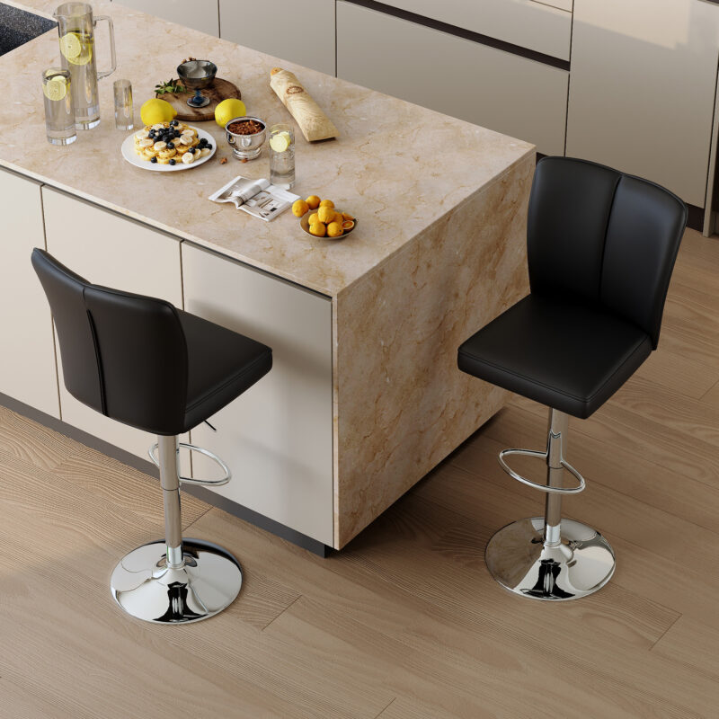 Modern Black PU Bar Stool Set - 2-Piece, featuring vertical and smooth-lined backrests with trumpet-shaped silver metal legs. Ideal for placement in bars, living rooms, lounges, and similar settings - Image 3