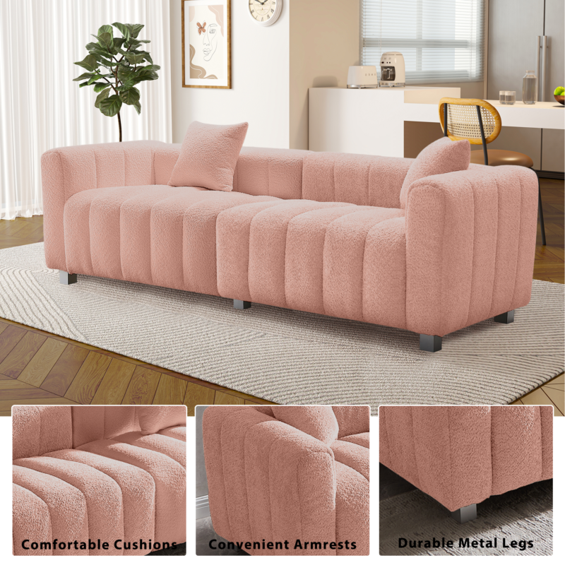 87.4'' Premium Velvet Sofa 3-Seater Loveseat, Modern Bubble Upholstered Couch with Metal Base Legs and 2 Pillows for Living Room, Bedroom - Image 5