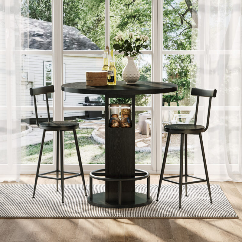 3-Piece Bar Table and Stool Set 31.5-inch round bar table with two stools Compact wooden dining bar with metal ring footrest Ideal for restaurants, cafes, bars, living rooms, and small spaces - Image 3