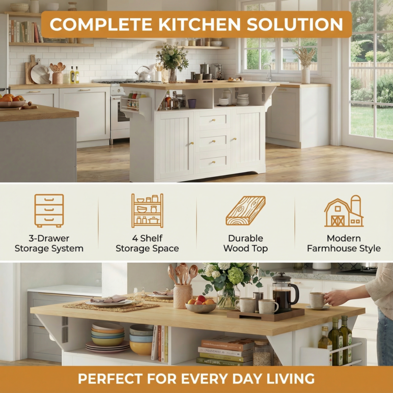 Large Kitchen Island with 2 Drop Leaf, Rolling Kitchen Cart on 5 Wheels with Power Outlet, Folding Storage Dining Table with Spice & Towel Rack, 3 Drawers, for Kitchen, Dining Room, White - Image 8