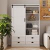 Tall Bedroom Armoire Wardrobe Closet Clothing Storage Cabinet with Hanging Rod Barn Door Drawers Open Shelves - Image 4