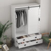 Tall Bedroom Armoire Wardrobe Closet Clothing Storage Cabinet with Hanging Rod Barn Door Drawers Open Shelves - Image 5