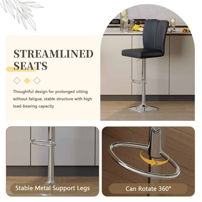 Modern Black PU Bar Stool Set - 2-Piece, featuring vertical and smooth-lined backrests with trumpet-shaped silver metal legs. Ideal for placement in bars, living rooms, lounges, and similar settings - Image 5