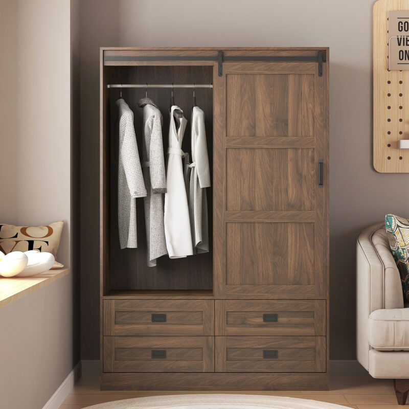 Tall Bedroom Armoire Wardrobe Closet Clothing Storage Cabinet with Hanging Rod Barn Door Drawers Open Shelves - Image 2