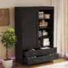 Tall Bedroom Armoire Wardrobe Closet Clothing Storage Cabinet with Hanging Rod Barn Door Drawers Open Shelves - Image 10