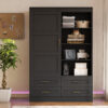 Tall Bedroom Armoire Wardrobe Closet Clothing Storage Cabinet with Hanging Rod Barn Door Drawers Open Shelves - Image 9