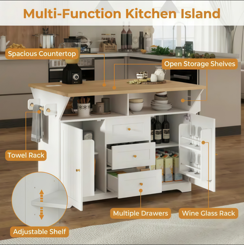 Large Kitchen Island with 2 Drop Leaf, Rolling Kitchen Cart on 5 Wheels with Power Outlet, Folding Storage Dining Table with Spice & Towel Rack, 3 Drawers, for Kitchen, Dining Room, White - Image 7
