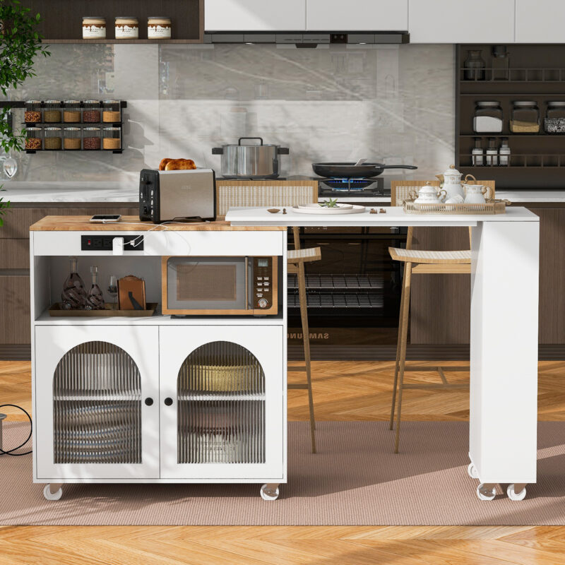 K&K Rolling Kitchen Island With Extended Table, Kitchen Island on Wheels with LED Lights, Power Outlets and 2 Fluted Glass Doors, Kitchen Island with a Storage Compartment and Side 3 Open Shelves - Image 5