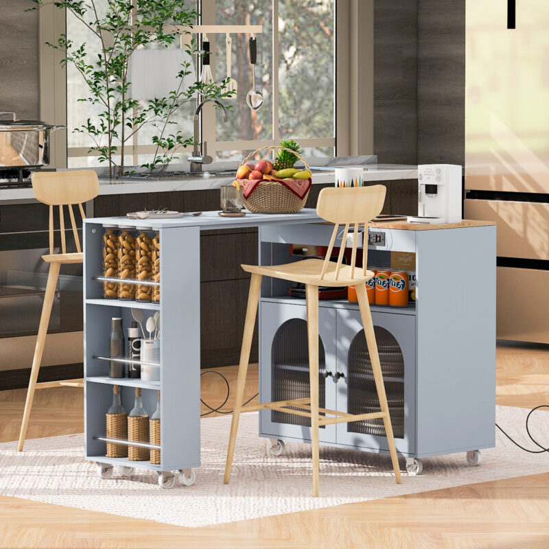 K&K Rolling Kitchen Island With Extended Table, Kitchen Island on Wheels with LED Lights, Power Outlets and 2 Fluted Glass Doors, Kitchen Island with a Storage Compartment and Side 3 Open Shelves - Image 2