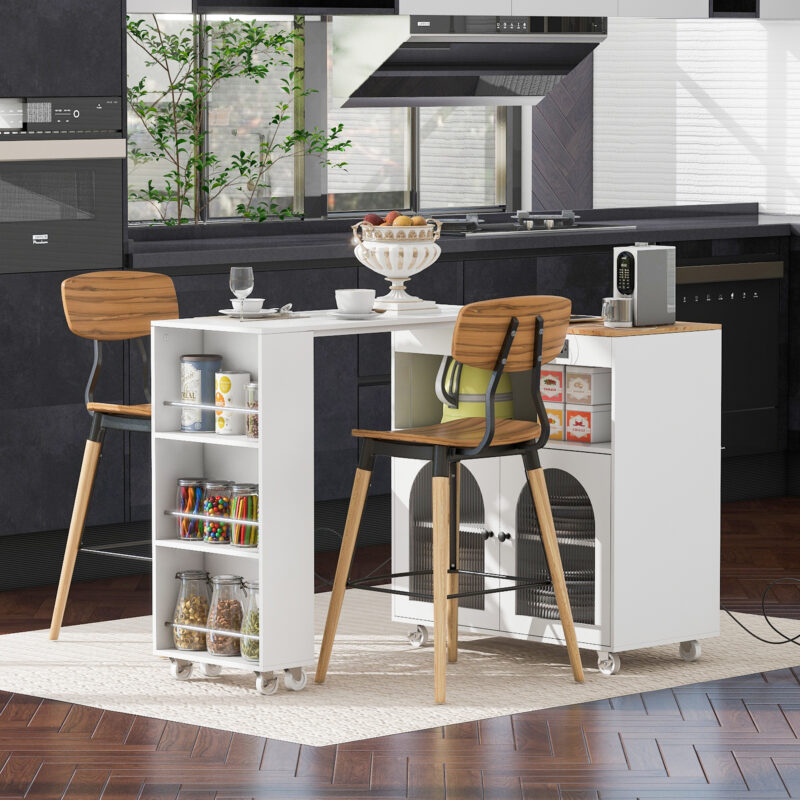 K&K Rolling Kitchen Island With Extended Table, Kitchen Island on Wheels with LED Lights, Power Outlets and 2 Fluted Glass Doors, Kitchen Island with a Storage Compartment and Side 3 Open Shelves - Image 7
