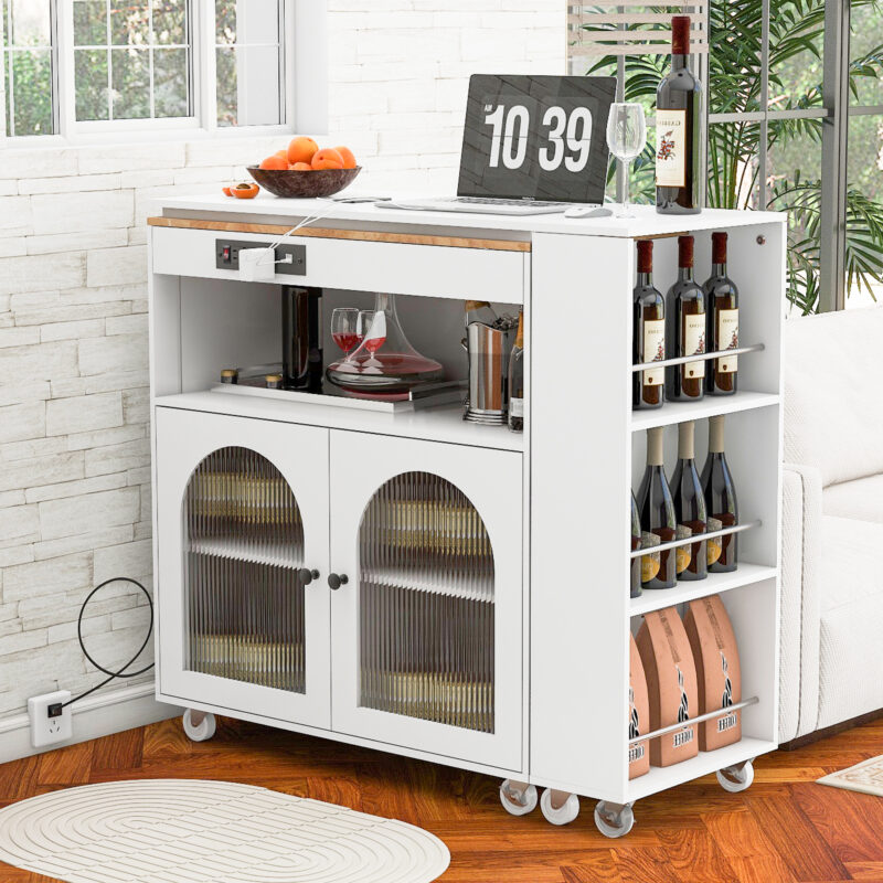 K&K Rolling Kitchen Island With Extended Table, Kitchen Island on Wheels with LED Lights, Power Outlets and 2 Fluted Glass Doors, Kitchen Island with a Storage Compartment and Side 3 Open Shelves - Image 6