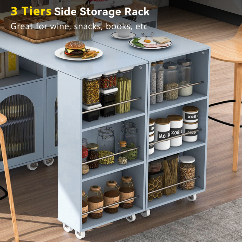 K&K Rolling Kitchen Island With Extended Table, Kitchen Island on Wheels with LED Lights, Power Outlets and 2 Fluted Glass Doors, Kitchen Island with a Storage Compartment and Side 3 Open Shelves - Image 3