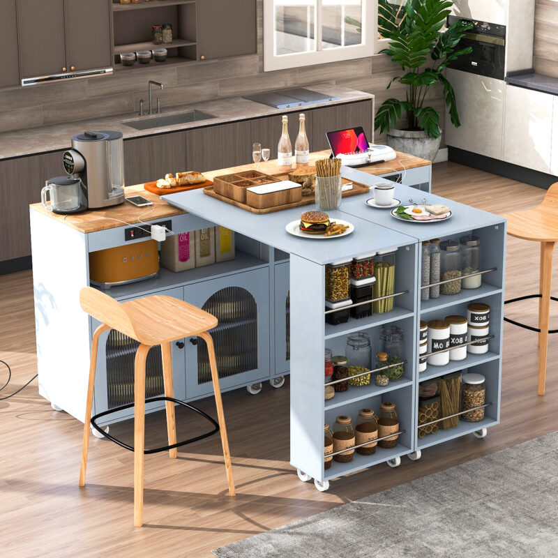 K&K Rolling Kitchen Island With Extended Table, Kitchen Island on Wheels with LED Lights, Power Outlets and 2 Fluted Glass Doors, Kitchen Island with a Storage Compartment and Side 3 Open Shelves - Image 4