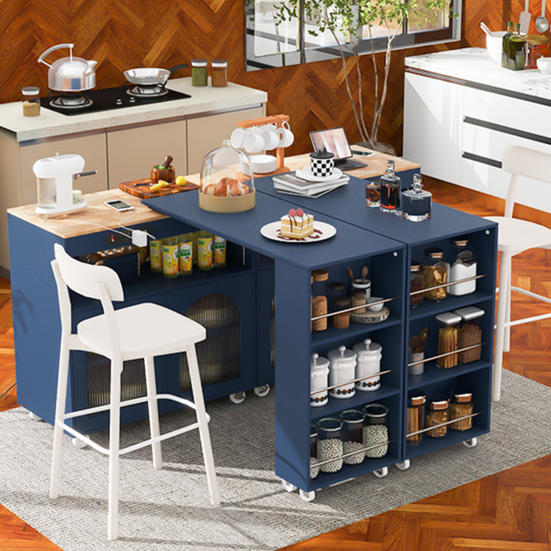 K&K Rolling Kitchen Island With Extended Table, Kitchen Island on Wheels with LED Lights, Power Outlets and 2 Fluted Glass Doors, Kitchen Island with a Storage Compartment and Side 3 Open Shelves - Image 9