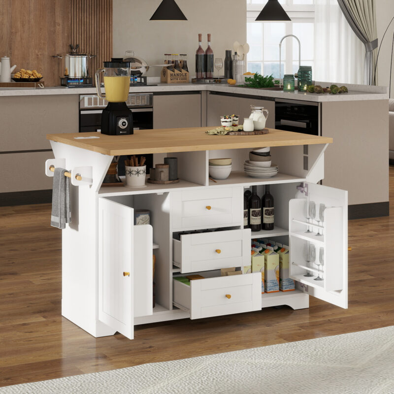 Large Kitchen Island with 2 Drop Leaf, Rolling Kitchen Cart on 5 Wheels with Power Outlet, Folding Storage Dining Table with Spice & Towel Rack, 3 Drawers, for Kitchen, Dining Room, White - Image 3