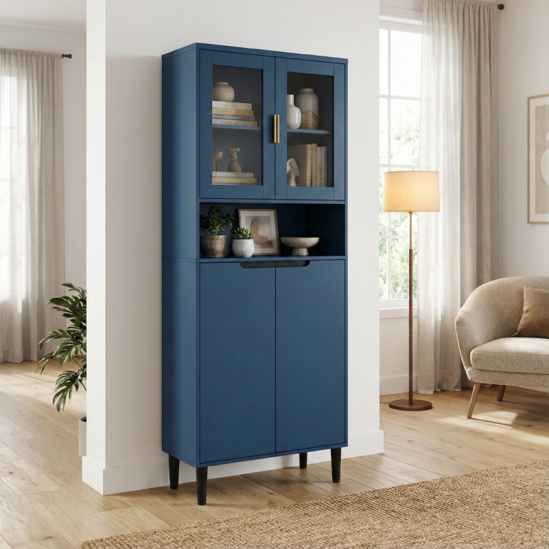 Tempered Glass Door Tall Storage Bookcase with adjustable board, 4 doors MDF painting finished cabinet, Green, Living room Bedroom storage - Image 22