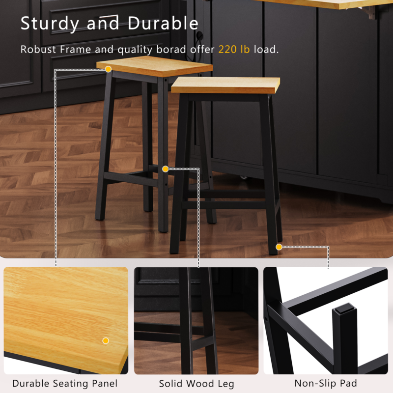 K&K Solid Wood Bar Stools 25.6" Tall Set of 2 Bar Chairs, Kitchen Counter Stools with Footrests, Farmhouse Stools for Dining Room, Kitchen, Counter - Image 6