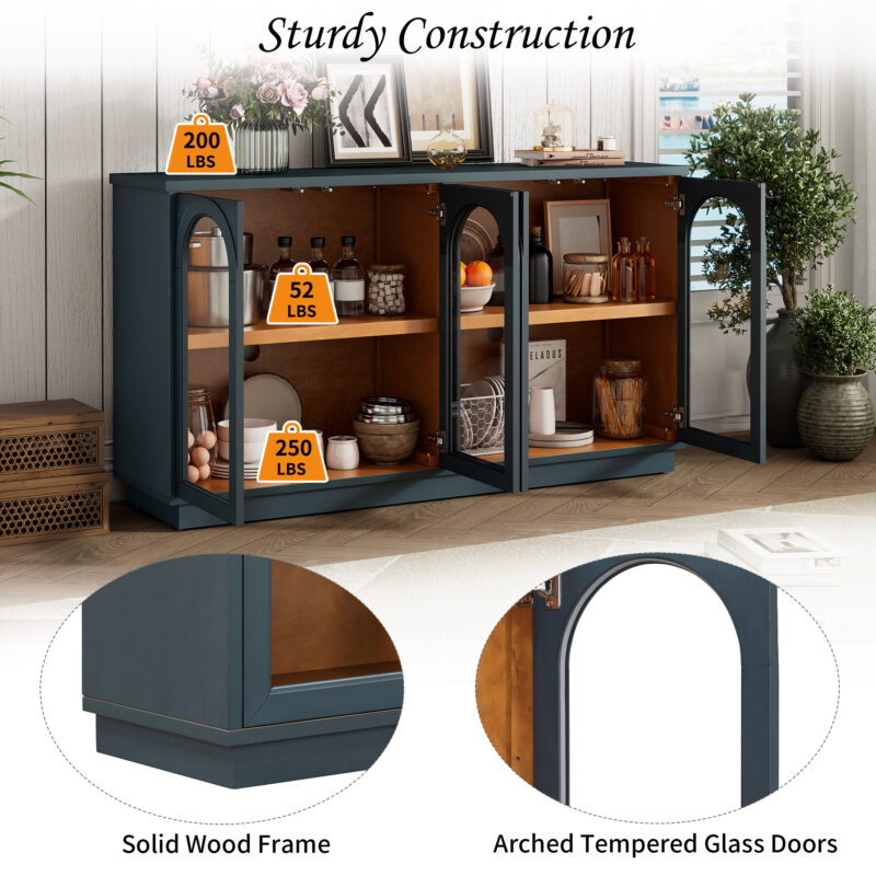 TREXM 4-Door Large Storage Buffet Cabinet with Glass Doors, Arched Cabinet with Adjustable Shelves for Kitchen, Dining Room and Living Room - Image 3