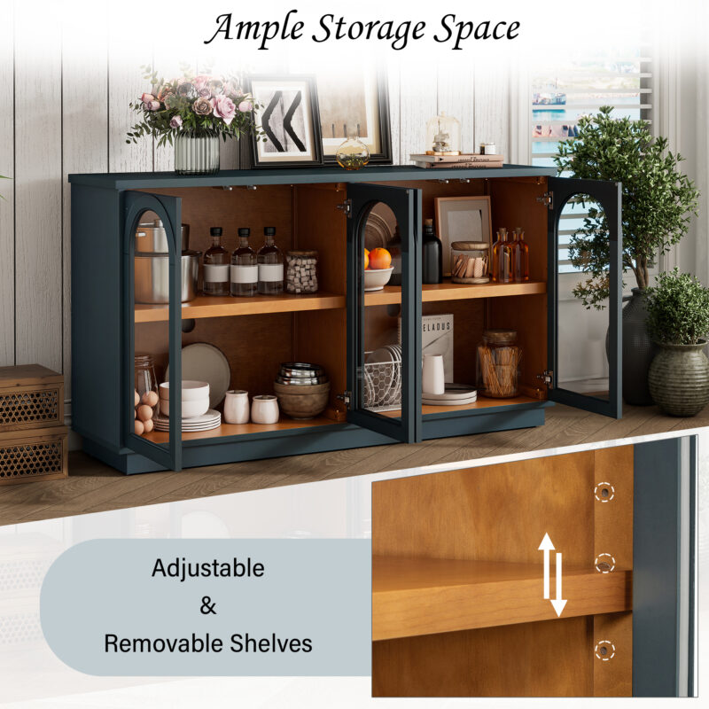 TREXM 4-Door Large Storage Buffet Cabinet with Glass Doors, Arched Cabinet with Adjustable Shelves for Kitchen, Dining Room and Living Room - Image 4