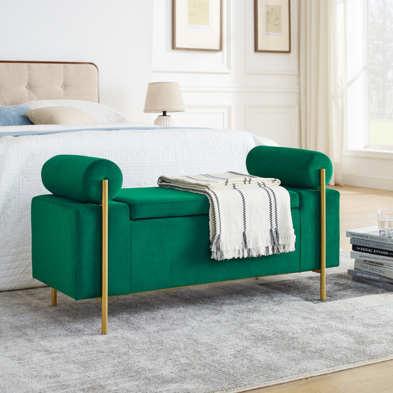 Elegant Upholstered Linen Storage Bench with Cylindrical Arms and Iron Legs for Hallway Living Room Bedroom - Image 26