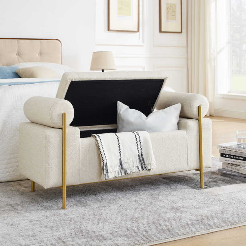 Elegant Upholstered Linen Storage Bench with Cylindrical Arms and Iron Legs for Hallway Living Room Bedroom - Image 18