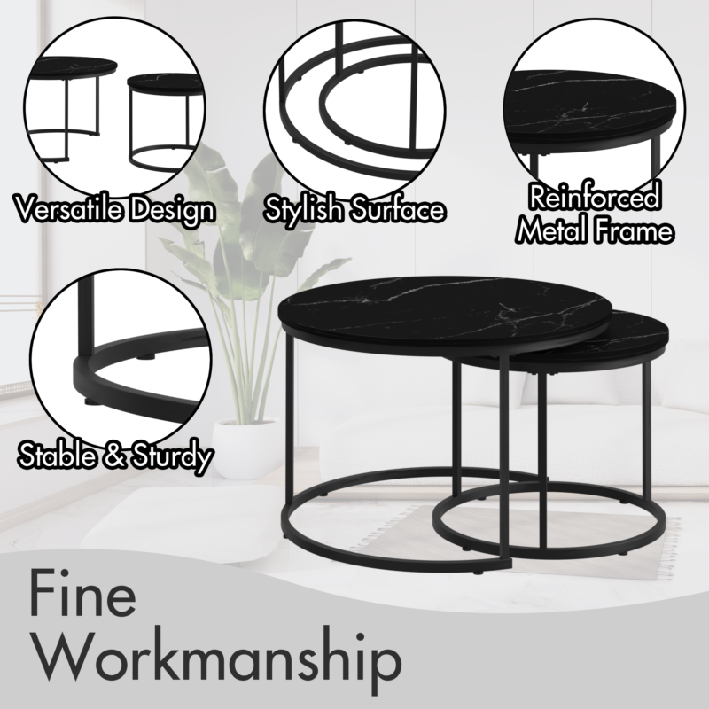 Nesting Coffee Table Set of 2, 27.6inch Round Coffee Table Wood Marble Pattern Top with Sturdy Metal Frame, End Table Side Tables for Living Room Bedroom Balcony Yard - Image 2