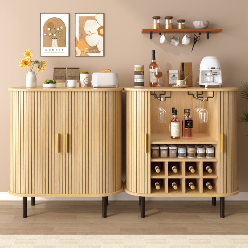 28" Fluted Wine Bar Cabinet with 8-Grid Wine Rack, 5-Level Adjustable Shelves, 2 Glass Holders, Smoothly Sliding Tambour Doors, 4 Hidden Storage Space on the Side,Modern Liquor Coffee Station - Image 4