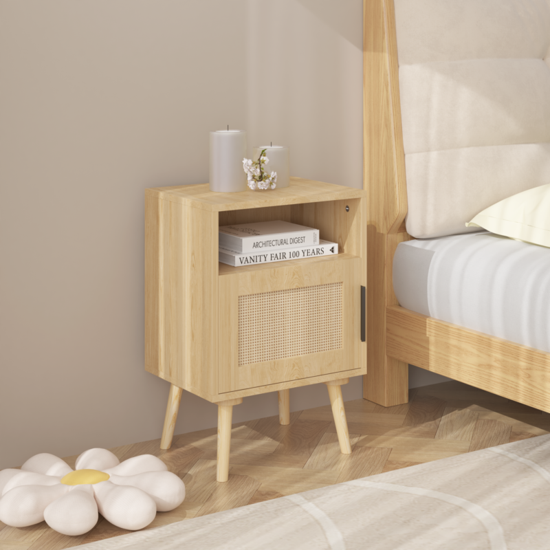 22.83'' H Rattan Nightstand, Side Table with Door Open Shelf, Accent Bedside End Table with Solid Wood Legs for Bedroom, Dorm and Small Spaces, Oak - Image 16