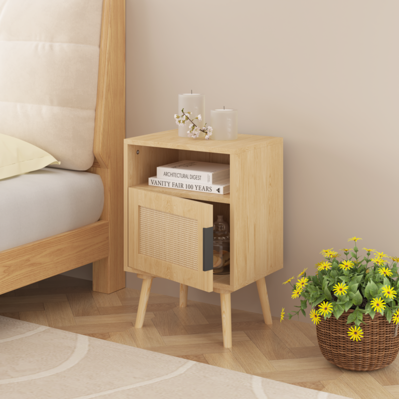 22.83'' H Rattan Nightstand, Side Table with Door Open Shelf, Accent Bedside End Table with Solid Wood Legs for Bedroom, Dorm and Small Spaces, Oak - Image 15