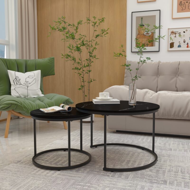 Nesting Coffee Table Set of 2, 27.6inch Round Coffee Table Wood Marble Pattern Top with Sturdy Metal Frame, End Table Side Tables for Living Room Bedroom Balcony Yard - Image 5