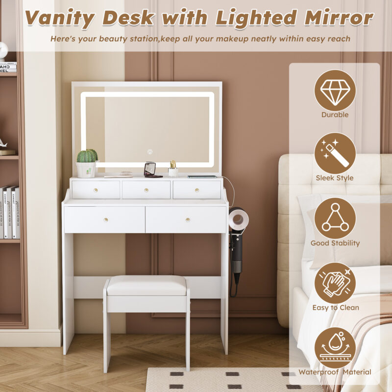 New Large Mirror Vanity Desk for Bed room , Modern Makeup Vanity Set with Power Outlet and Hair dryer holder, 5 Drawers , 3 Lighting Color Adjustable Dressing Table for Bedroom - Image 3