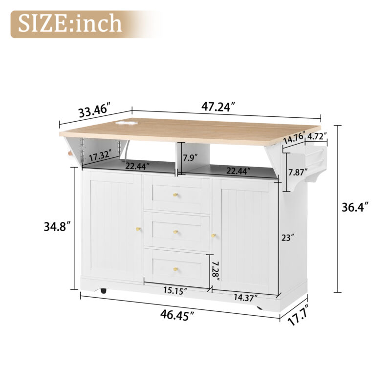 Large Kitchen Island with 2 Drop Leaf, Rolling Kitchen Cart on 5 Wheels with Power Outlet, Folding Storage Dining Table with Spice & Towel Rack, 3 Drawers, for Kitchen, Dining Room, White - Image 10