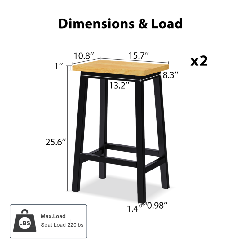 K&K Solid Wood Bar Stools 25.6" Tall Set of 2 Bar Chairs, Kitchen Counter Stools with Footrests, Farmhouse Stools for Dining Room, Kitchen, Counter - Image 8