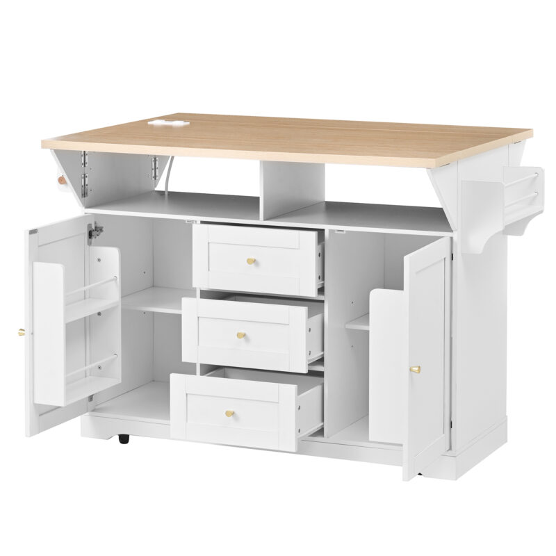 Large Kitchen Island with 2 Drop Leaf, Rolling Kitchen Cart on 5 Wheels with Power Outlet, Folding Storage Dining Table with Spice & Towel Rack, 3 Drawers, for Kitchen, Dining Room, White - Image 11