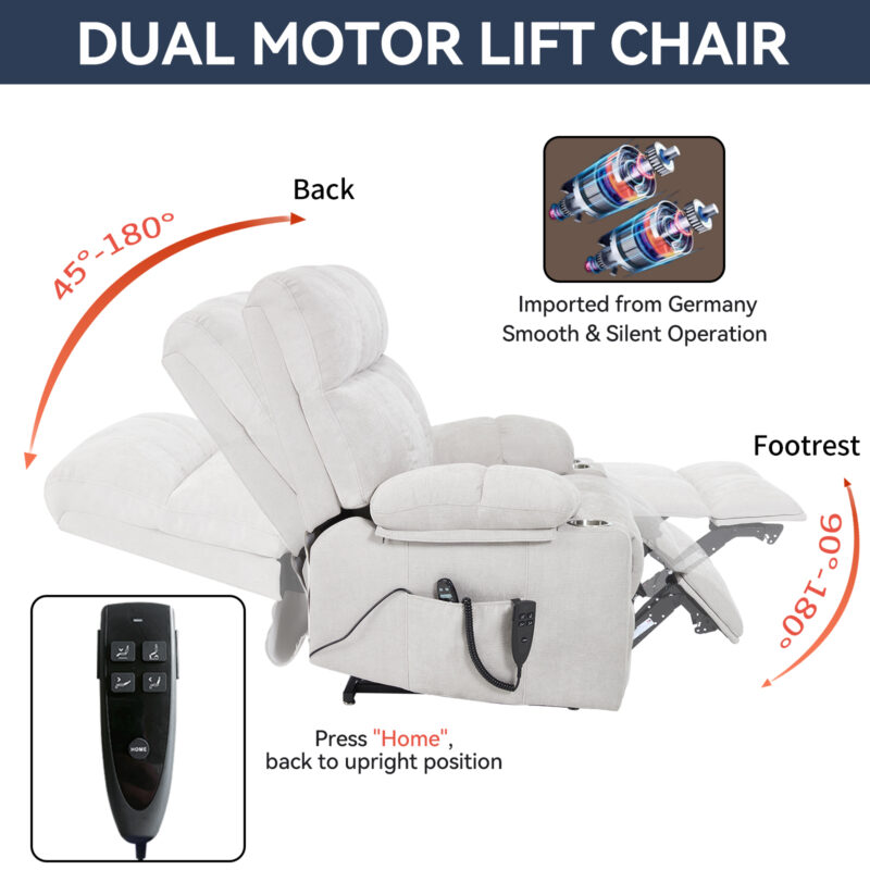 Grey Dual Motor Infinite Position Up to 350 LBS Chenille Power Lift Recliner Chair, Heavy Duty Motion Mechanism with 8-Point Vibration Massage and Lumbar Heating, Dual Cup Holders - Image 4