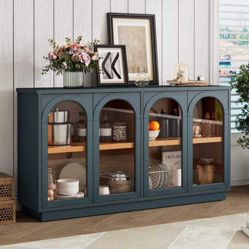 TREXM 4-Door Large Storage Buffet Cabinet with Glass Doors, Arched Cabinet with Adjustable Shelves for Kitchen, Dining Room and Living Room - Image 2
