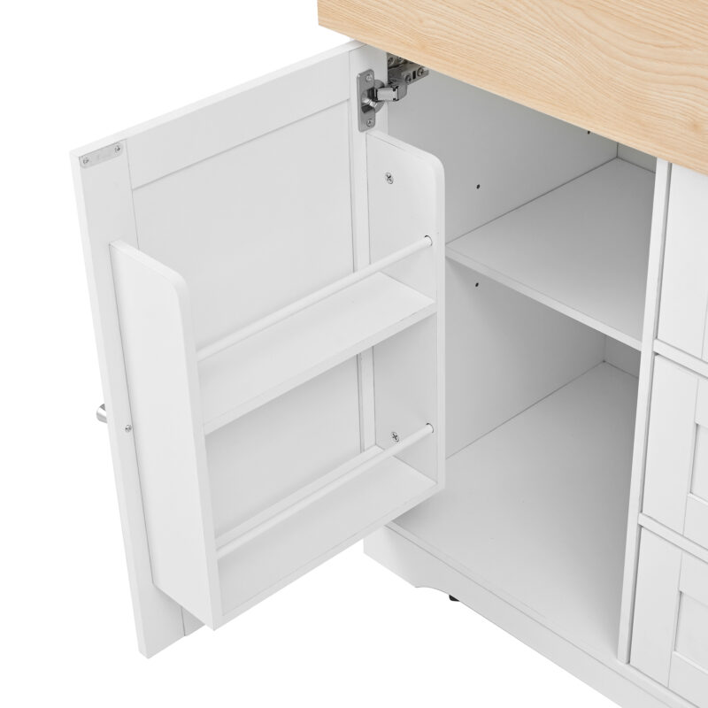 Large Kitchen Island with 2 Drop Leaf, Rolling Kitchen Cart on 5 Wheels with Power Outlet, Folding Storage Dining Table with Spice & Towel Rack, 3 Drawers, for Kitchen, Dining Room, White - Image 12