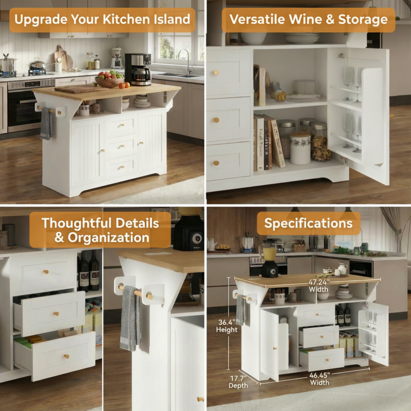 Large Kitchen Island with 2 Drop Leaf, Rolling Kitchen Cart on 5 Wheels with Power Outlet, Folding Storage Dining Table with Spice & Towel Rack, 3 Drawers, for Kitchen, Dining Room, White - Image 4