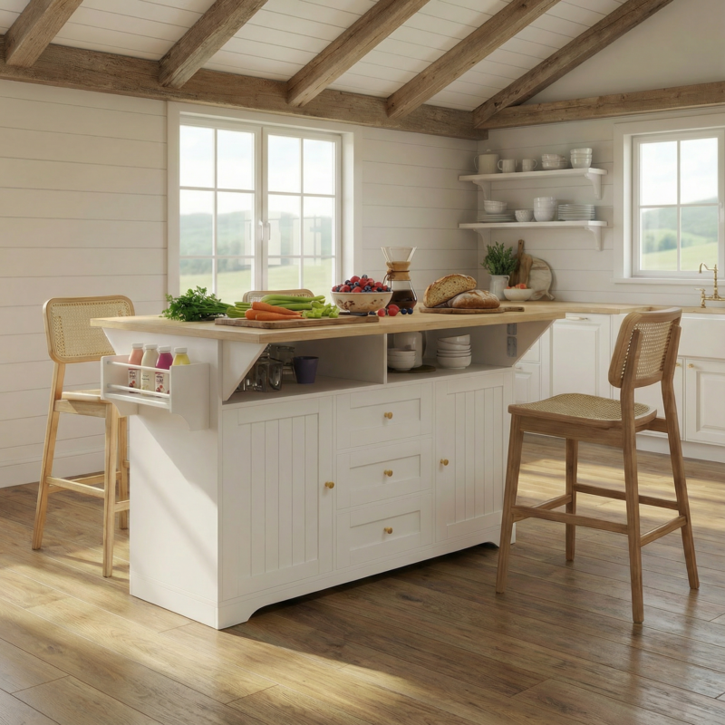 Large Kitchen Island with 2 Drop Leaf, Rolling Kitchen Cart on 5 Wheels with Power Outlet, Folding Storage Dining Table with Spice & Towel Rack, 3 Drawers, for Kitchen, Dining Room, White - Image 2