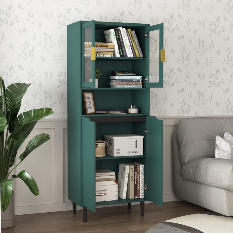 Tempered Glass Door Tall Storage Bookcase with adjustable board, 4 doors MDF painting finished cabinet, Green, Living room Bedroom storage - Image 2