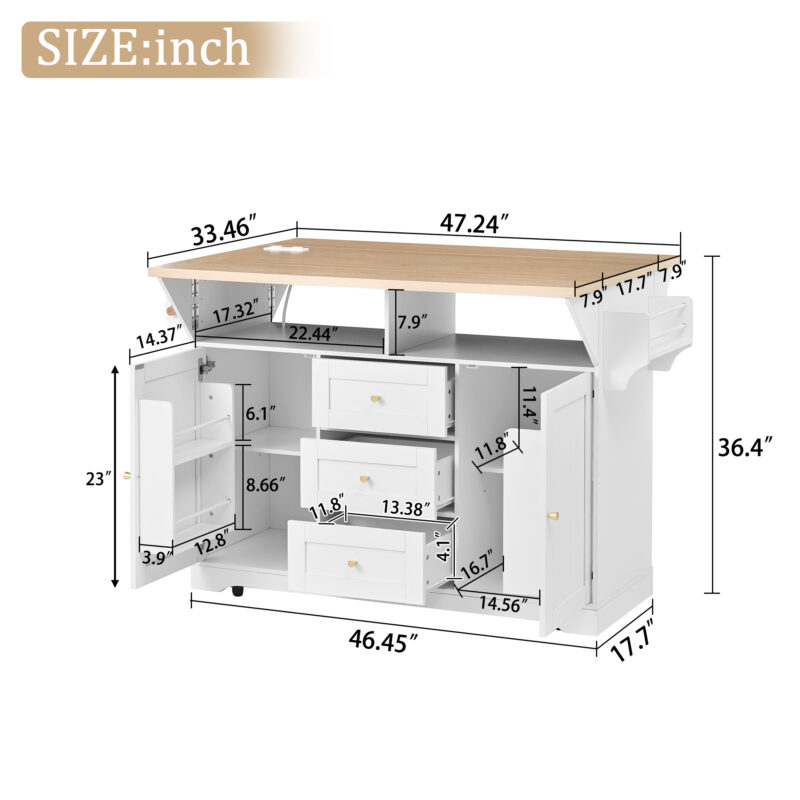 Large Kitchen Island with 2 Drop Leaf, Rolling Kitchen Cart on 5 Wheels with Power Outlet, Folding Storage Dining Table with Spice & Towel Rack, 3 Drawers, for Kitchen, Dining Room, White - Image 9