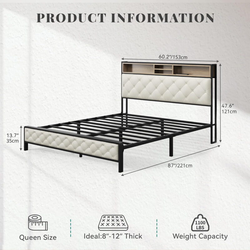 Queen Size Bed Frame, Platform Bed Frame with Charging Station, Upholstered Storage Headboard & Footboard Metal Slats Supports Mattress Foundation, No Box Spring Needed, Beige(No Drawers) - Image 6