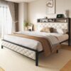 Queen Size Bed Frame, Platform Bed Frame with Charging Station, Upholstered Storage Headboard & Footboard Metal Slats Supports Mattress Foundation, No Box Spring Needed, Beige(No Drawers)