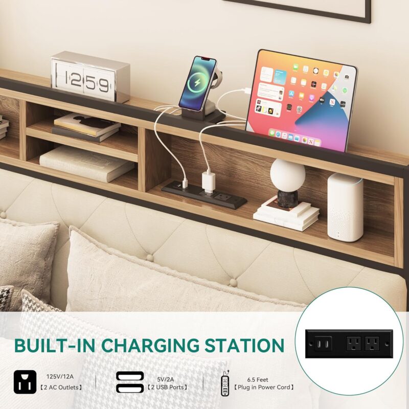 Queen Size Bed Frame, Platform Bed Frame with Charging Station, Upholstered Storage Headboard & Footboard Metal Slats Supports Mattress Foundation, No Box Spring Needed, Beige(No Drawers) - Image 3