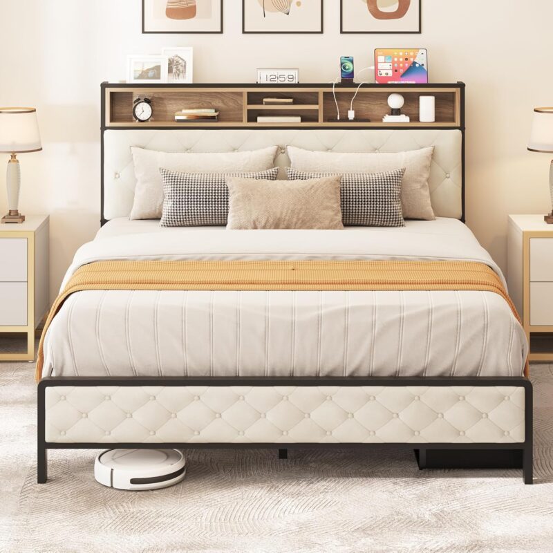 Queen Size Bed Frame, Platform Bed Frame with Charging Station, Upholstered Storage Headboard & Footboard Metal Slats Supports Mattress Foundation, No Box Spring Needed, Beige(No Drawers) - Image 2