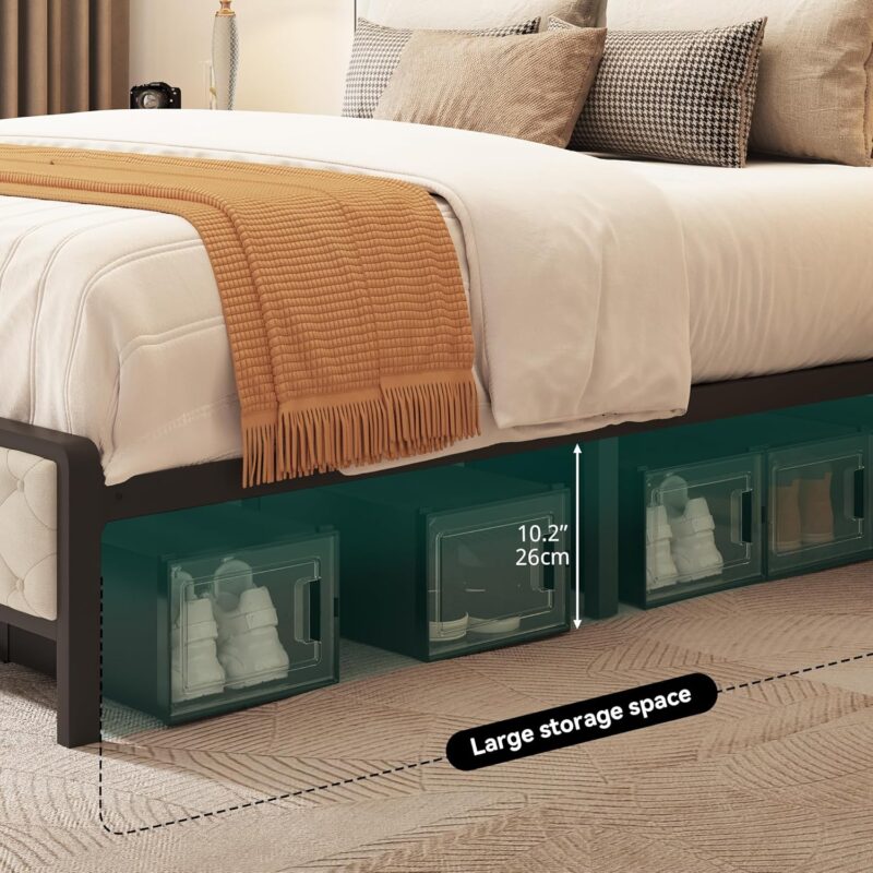Queen Size Bed Frame, Platform Bed Frame with Charging Station, Upholstered Storage Headboard & Footboard Metal Slats Supports Mattress Foundation, No Box Spring Needed, Beige(No Drawers) - Image 5