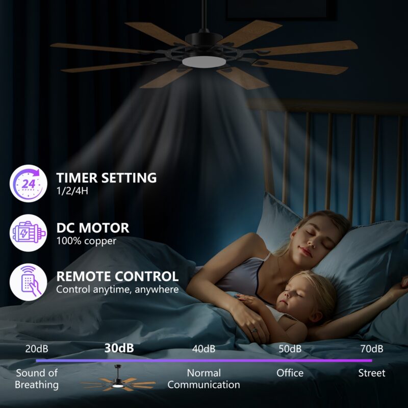 60 Inch Ceiling Fan with Lights and Remote Control, 8 Plywood Blades, 6-Speed Noiseless Reversible DC Motor, 3CCT, Windmill Ceiling fan for Kitchen Bedroom Living Room, Black - Image 3