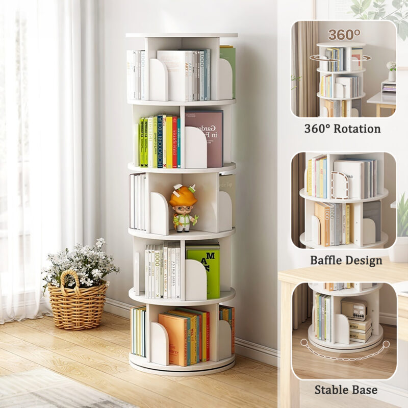 5 Tier Rotating Bookshelf, 360° Display Round Spinning Bookshelf, Space-Saving, Small Space Rotating Bookshelf Tower for Bedroom, Living Room, Home, Office, Wood Color - Image 15